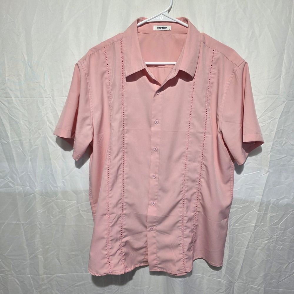 COOFANDY Mens Pink Guayabera Style Eyelet Lace Short Sleeve Button Down Shirt L